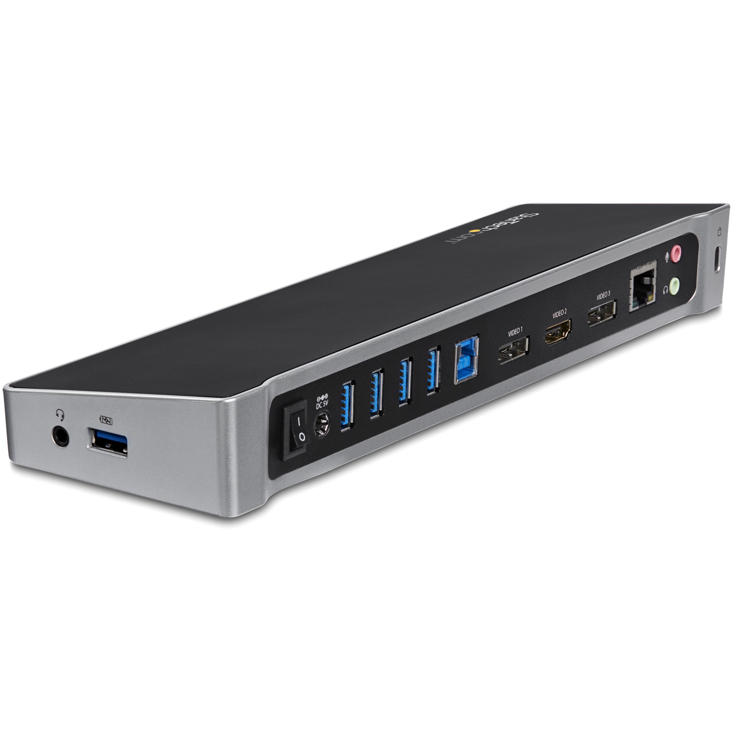 StarTech.com Triple Monitor USB 3.0 Docking Station - 2x 4K DisplayPort & HDMI, 5-Port USB-A Hub, GbE - USB Type A - Black/Silver