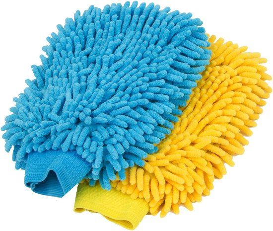 MR.SIGA Hoogwaardige microvezel washandschoen zachte chenille autowashandschoen, 2 stuks, blauw & geel
