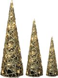 Countryfield LED kegels - kerstboom lampen - 3x- goud - H40, H60, H80cm - warm wit - timer