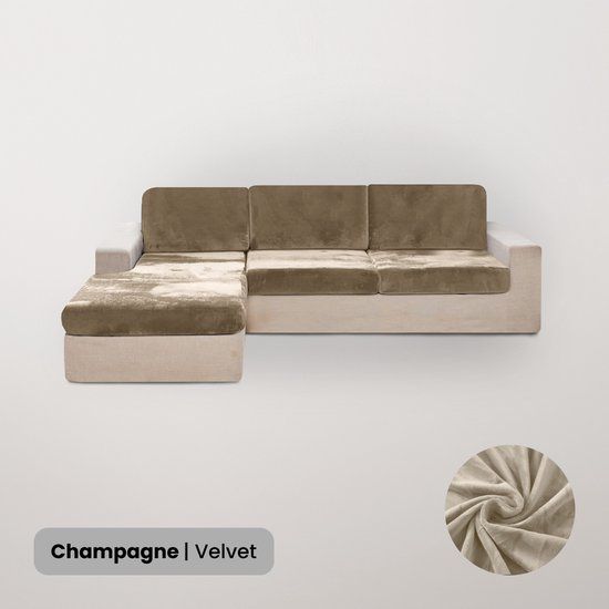 BankhoesDiscounter Velvet L-vorm Zitkussen Hoes - Champagne - Stretch - Bankhoes voor Hoekbank