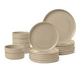 Amazon Basics Serviesgoed van Geglazuurd Aardewerk, 18-delige Set, 6 Volledige Couverts, Vaatwasbestendig, Linnengrijs