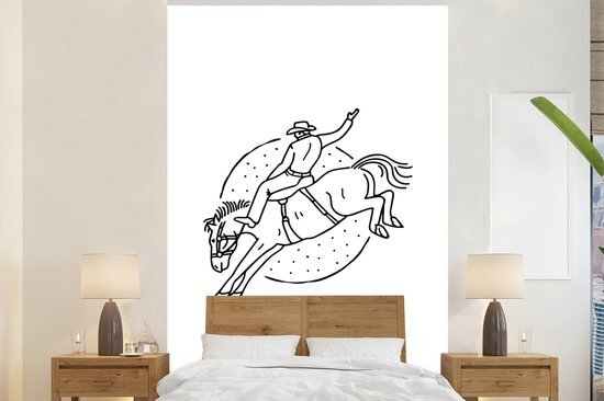 Nr1Wallpaper Behang - Fotobehang Zwart-witte illustratie van een cowboy op een paard - Breedte 155 cm x hoogte 240 cm