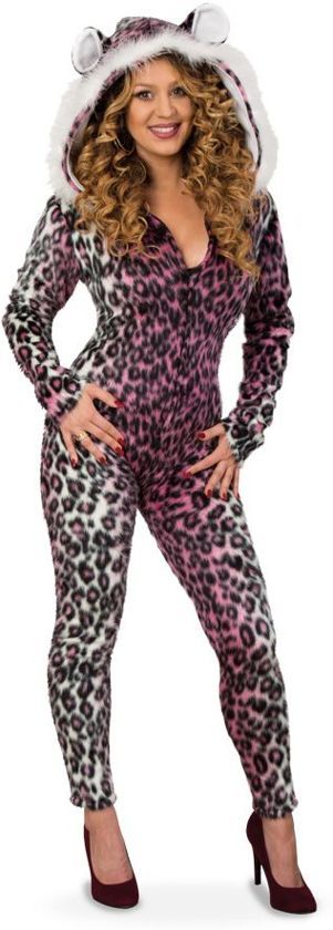 Feestbeest.nl Panter catsuit pluche met muts voor dame maat 38