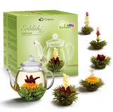 Creano theebloemenmix - cadeauset bloementhee met glazen theepot, groene thee fruitig gearomatiseerd (theerozen in 6 soorten), blooming tea, theecadeau voor vrouwen, moeder, theeliefhebbers