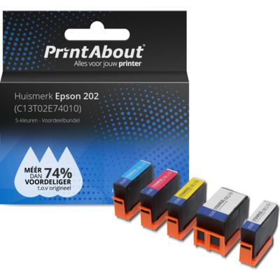 PrintAbout Huismerk Epson 202 (C13T02E74010) Inktcartridge 5-kleuren Voordeelbundel