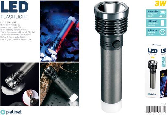 Platinet PAF06 - LED Zaklamp - 3W - Aluminium - Grijs