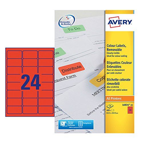 Avery L6032-20 gekleurde etiketten (A4, 480 stuks, verwijderbaar, 63,5 x 33,9 mm) rood