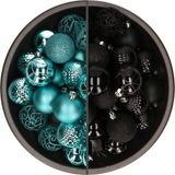 Bellatio Decorations Boules de Noël mix - 74-delig - turquoise et noir - 6 cm - kunststof