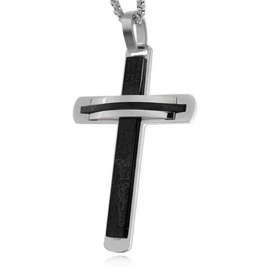 Mendes Jewelry Zilverkleurige Schakelketting met Zwart en Zilverkleurig Kruis