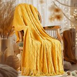 inhand Gebreide herfstdeken voor bank en bed, warme gebreide deken met kwastjes, herfst- en Halloween-decoratie voor dames, mosterdgeel, 127 x 152,4 cm