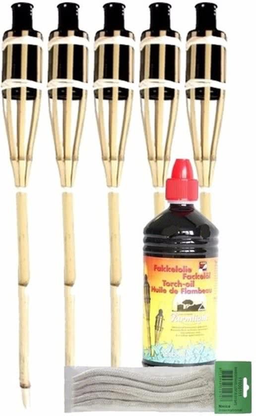 Shoppartners 5 bamboe tuinfakkels inclusief fakkel olie en lonten - fakkels