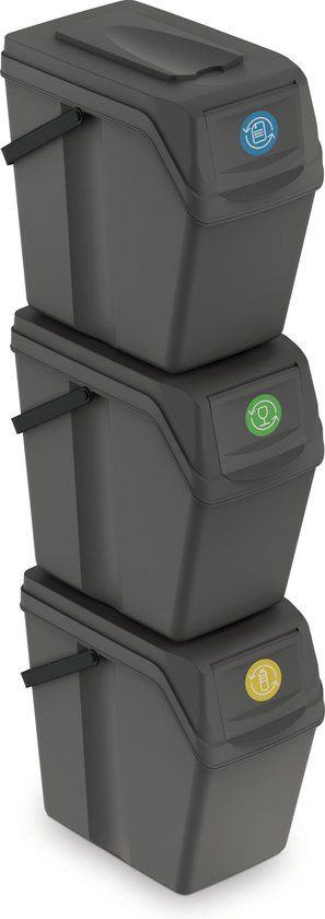 Prosperplast Set of 3 - 25L Gray Plastic Recycling Bins - Square with Lid