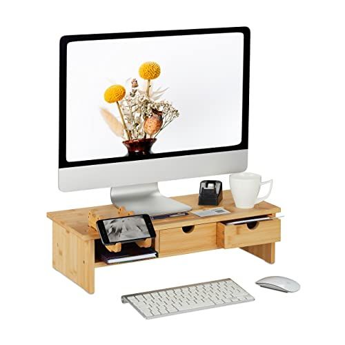Relaxdays monitorstandaard bamboe, 2 lades, telefoonhouder, 14x54x23 cm, beeldschermverhoging bureau, natuur
