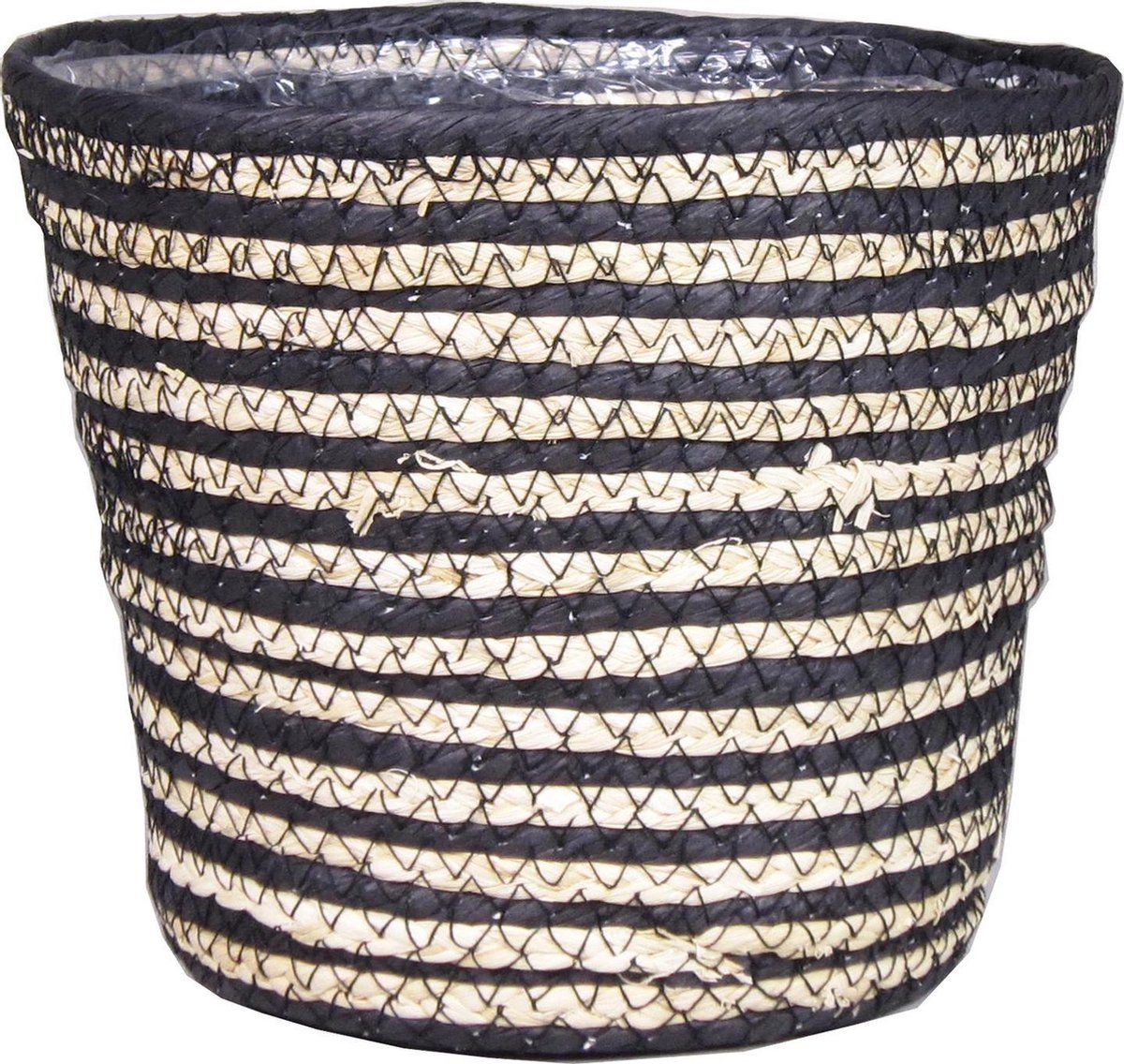 Bela Arte Naturel zwart rotan planten/bloemen pot mand van jute/riet/zeegras H13 en D16 cm - Met plastic binnenkant