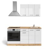 Vicco R-Line Eenpersoonskeuken – 160 cm met ovenombouwkast met werkblad Wit hoogglans/goud power eiken