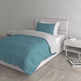 Italian Bed Linen Dekbedovertrek Set met Doubleface Effen Kleur Tas Sheet en Kussensloop, 100% Katoen, Blauwgroen/Lichtgrijs, enkel