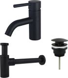 Fortifura Calvi Wastafelkraanset - lage wastafelkraan - klikwaste plug - design sifon - mat zwart