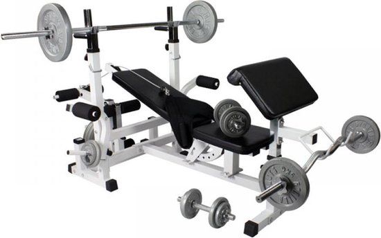 Gorilla Sports Universele Halterbank + 108 kg Halterset - Gietijzer - Wit