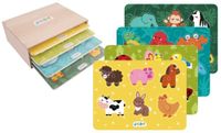 J.A.D.E - Set van 4 Dierenpuzzels met Pinnen - Educatief Spel - 052485 - Thema's Boerderij, Jungle, Tuin en Onderwaterwereld - Meerkleurig - Hout - Frans Ontwerp - Spel - Kind - Vanaf 18 Maanden