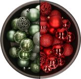 Shoppartners Bv 74x pièces boules de Noël en plastique mélange de sauge vert et rouge 6 cm