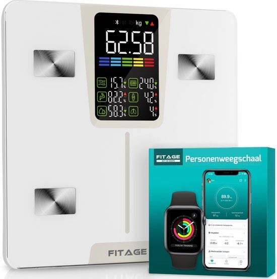 FITAGE LED Weegschaal Wit - Personenweegschaal Digitaal - Slimme Weegschaal met 17x Lichaamsanalyse