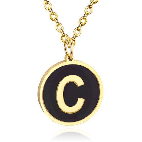 Cilla Jewels Goudkleurige Dames Schakelketting met Zwarte Kettinghanger Letter C
