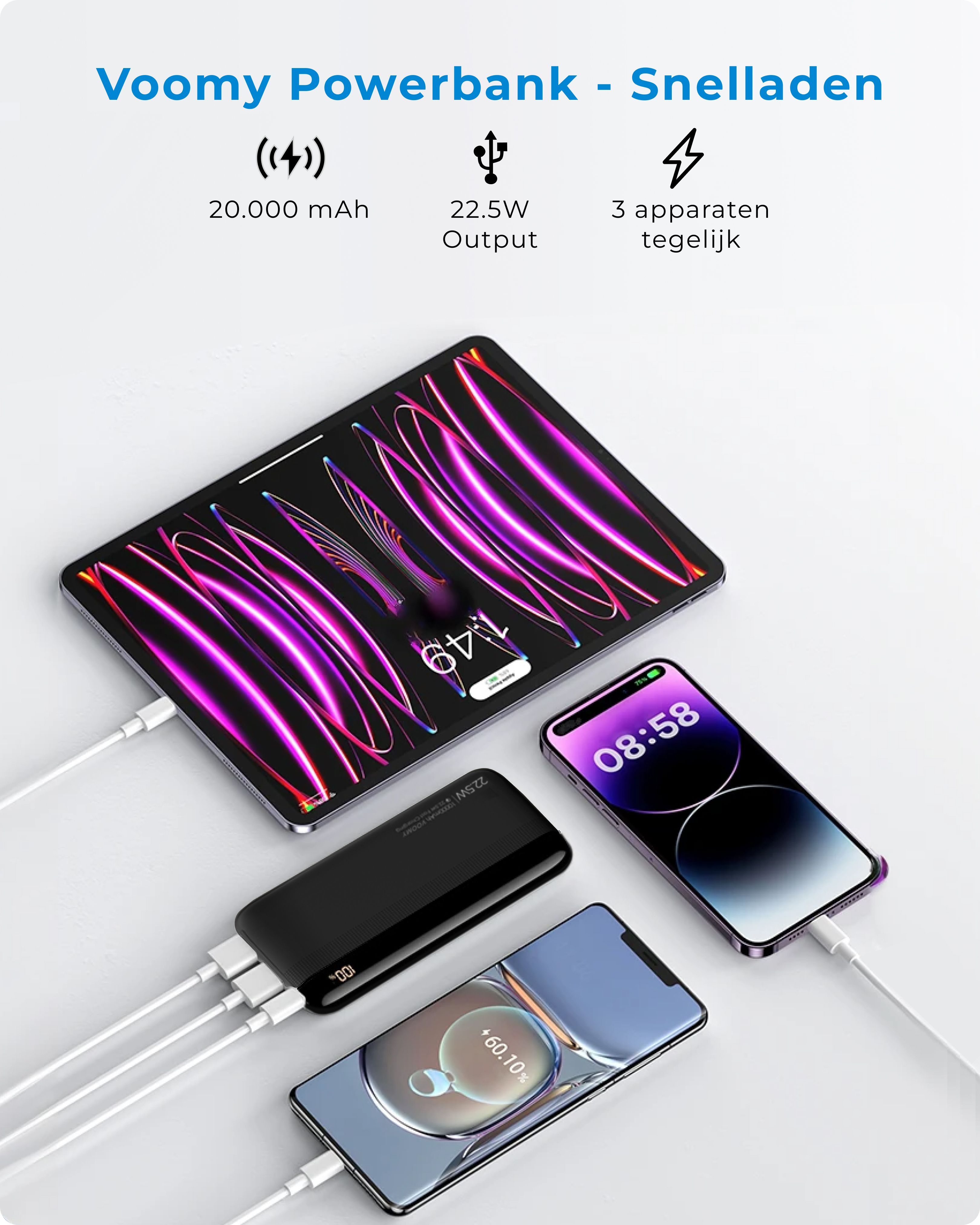 Voomy Powerbank 20000mAh - 22.5W Fast Charging - USB-C & USB-A - Black
