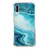 Evetane Samsung Galaxy A50 Siliconen Hoesje - Schokbestendig, Robuust, Transparant Blauw Parelmoer Marmer