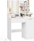 VASAGLE Kaptafel met LED-spiegel, met stekkerdoos, 1 lade, 2 open planken | Kast met 2 verstelbare planken, beautyhoek, modern, wit, CUSTOS Collectie RDT138W01