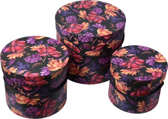 Clayre & Eef Opbergdoos Set van 3 - Oranje - Rond - Bloemen