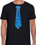 Bellatio Decorations Verkleed shirt heren - stropdas pailletten blauw - zwart - carnaval- foute party XXL