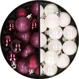 Boules de Noël 34x pc - 3 cm - aubergine violet et blanc nacré - plastique