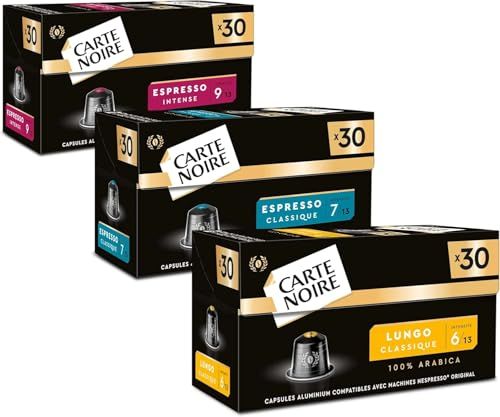 CARTE NOIRE - Assortiment koffiecapsules compatibel met Nespresso® – nr. 6 Lungo, nr. 7 klassiek, nr. 9 Intense – Arabica koffie – 3 x 30 aluminium capsules – gemaakt in Frankrijk