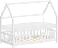 ML-Design Kinderbed huisbed 80x160 cm wit dennenhout incl. matras H-10cm uitvalbeschermend dak en lattenbodem