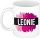 Bellatio Decorations Leonie naam cadeau koffie mok - beker - met roze verfstrepen - Cadeau collega - moederdag - verjaardag - juf - coach - 300 ml - wit