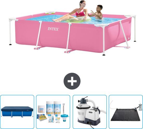 Intex Rechthoekig Frame Zwembad - 220 x 150 x 60 cm - Roze - Familiebad - Inclusief Afdekzeil, Filterpomp & Solar Mat