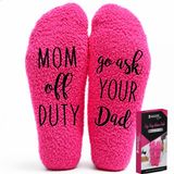 Malinsi® Grappige Sokken - Mom off Duty, ask Dad - Leuke Huissokken Dames - Gekke Cadeaus Cadeautjes Volwassenen - Funny Socks Geschenkset met Tekst - Cadeau voor Vrouwen Mama Moeder Oma - Moederdag Cadeautje Geschenk Giftset Verjaardag