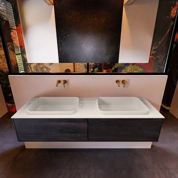 Mondiaz ERIN 150cm badmeubelset Dark brown met 2 lades + RIDGE dubbele wastafel Linen