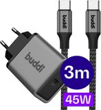 Buddi Power 45W Oplader met 3 Meter USB-C Kabel