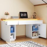 STILVORA Schrijftafel Met Led Verlichting En 3 Lades 2 Deuren En Verstelbare Planken Voor Woonkamer Slaapkamer En Thuiskantoor MDF 140x50 Cm Wit Eikenlook