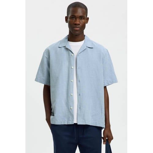 Selected Relaxed gestreept casual overhemd met linnen blauw