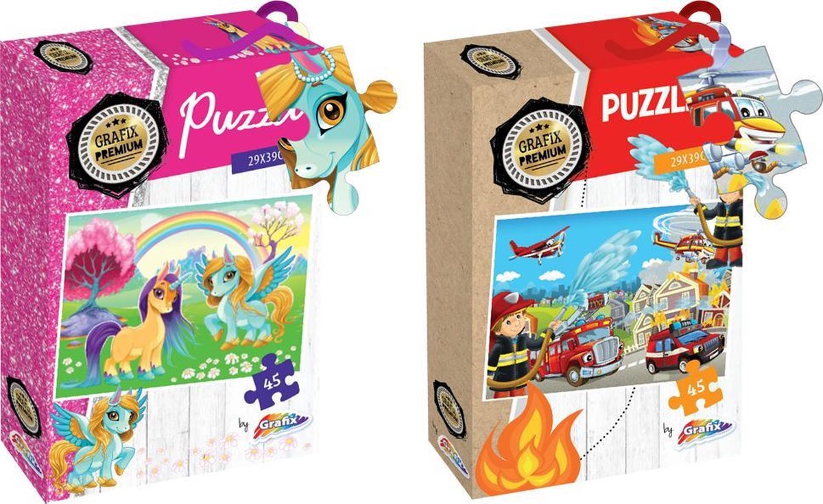 Grafix puzzel voor kinderen - 2x legpuzzel - Thema: brandweer & unicorns - 45 puzzelstukjes - 29 X 39 CM