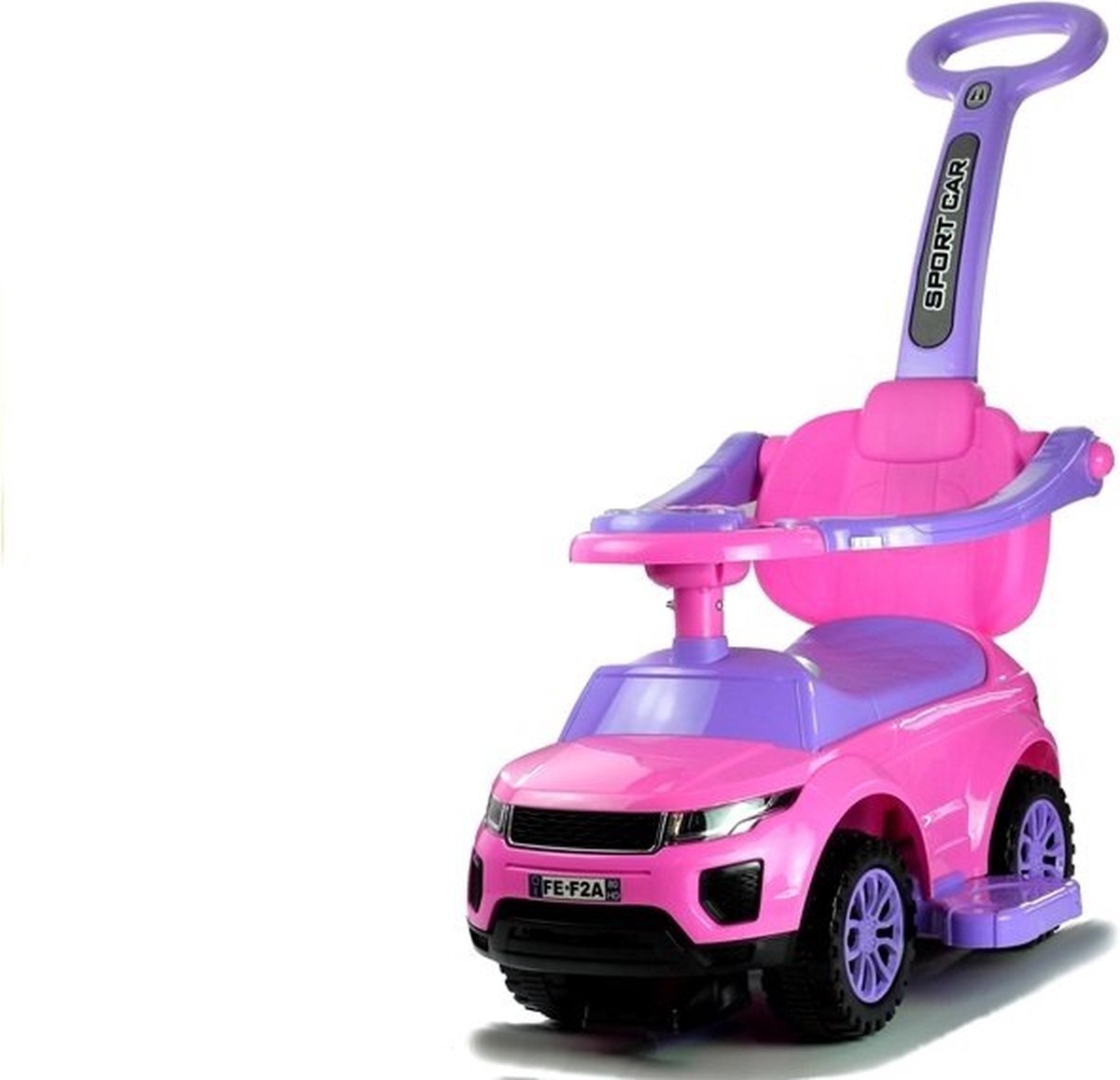 Lean Toys 3 in 1 sportauto loopauto met 5 geluiden op het stuur - Ride on met duwstang - Inclusief opberg vak onder zitting - Belastbaar tot 27 kg - Vanaf 1 jaar - Buitenspeelgoed - Roze/Paars