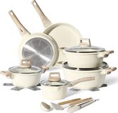 JUST PERFECTO HOUSEHOLD APPLIANCES 15-Piece Induction Cookware Set - Beige with Lids - PFAS-Free - Cool Touch Handles