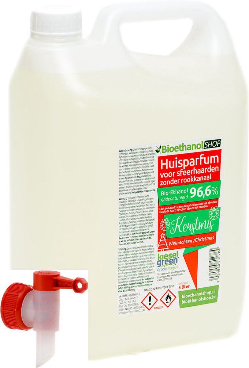 kieselgreen Bioethanol met kerstgeur - bio ethanol 96.6% - 5 liter biobrandstof met dopkraan voor sfeerhaarden