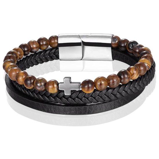 Memphis Heren armband Memphis Tijgeroog kraal gevlochten leer Kruis Zilverkleurig Bruin Zwart - 21cm