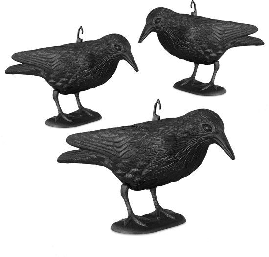 Relaxdays 3 x Duivenverschrikker Kraai Staand - 38 cm Vogelverschrikker Zwart - Tuinfiguur