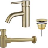 FortiFura Calvi Wastafelkraanset - lage wastafelkraan - always open plug - verlaagde design - sifon - PVD - geborsteld messing (goud)