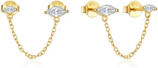 Elenza AMS Elenza Elegante Goudkeurige Oorbellen met Ketting en Zirkonia – Luxe Dames Sieraad