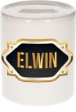 Bellatio Decorations Shoppartners Bv Spaarpot met voornaam Elwin - wit - met goud/zwart embleem - 8 x 9 cm - keramiek - met afsluitdop - cadeau verjaardag